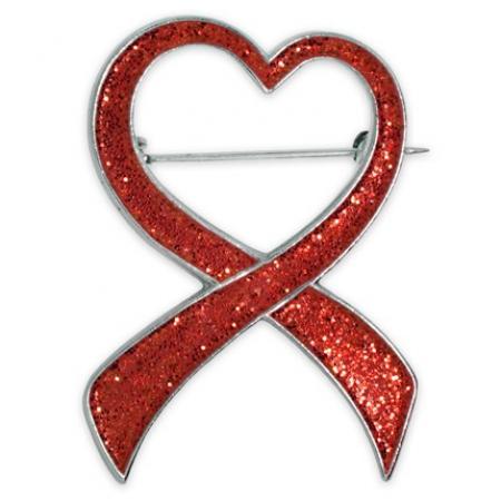 Red Glitter Heart Ribbon Brooch 