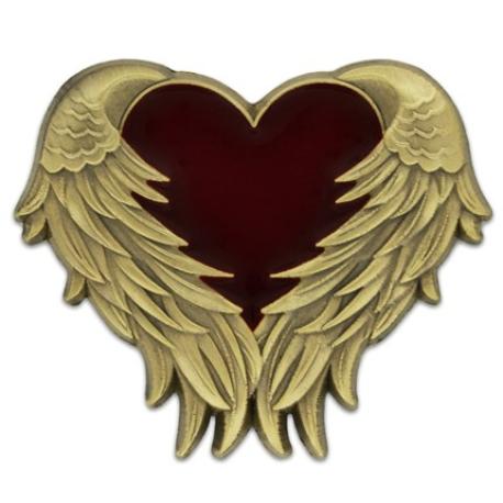     Heart with Angel Wings Pin - Antique Gold